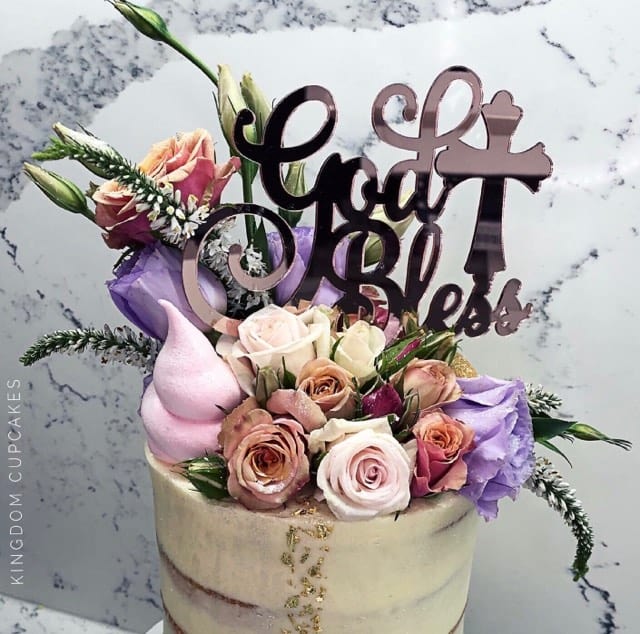 God Bless Acrylic Rose Gold Mirror Christening Baptism Communion Cake Topper