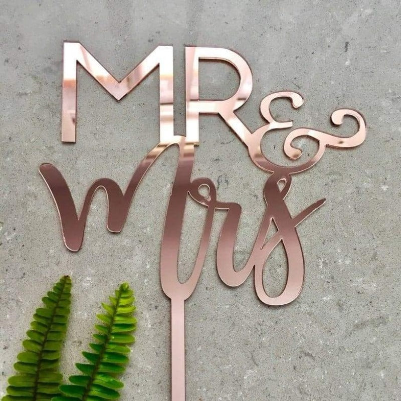 Mr &amp; Mrs Acrylic Rose Gold Mirror Wedding Cake Topper