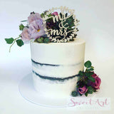 Mr &amp; Mrs Flower Halo Rustic Wood Wedding Cake Topper